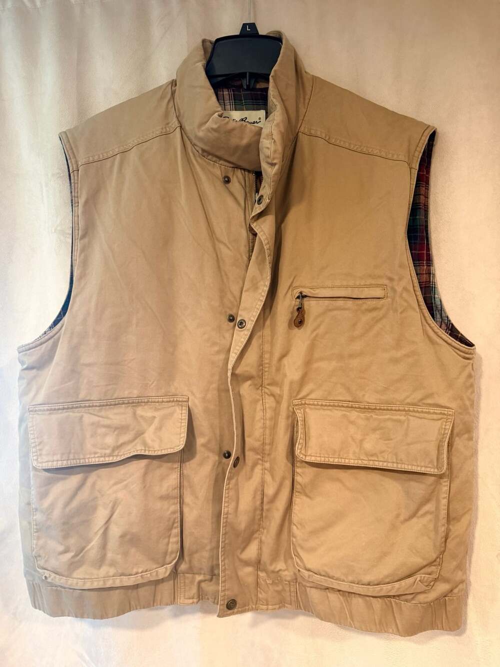 Eddie Bauer Goose Down Puffer Vest Size XL Tan Cotton Plaid Flannel Lined Hunter